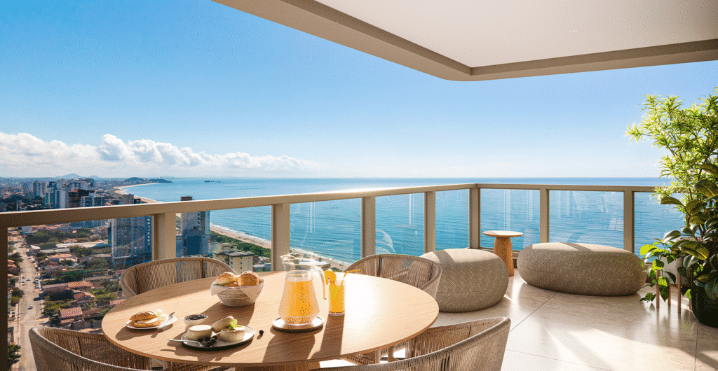 Fachada de uma casa de luxo contemporânea com vista para o mar em Santa Catarina, rodeada por natureza e iluminação natural.