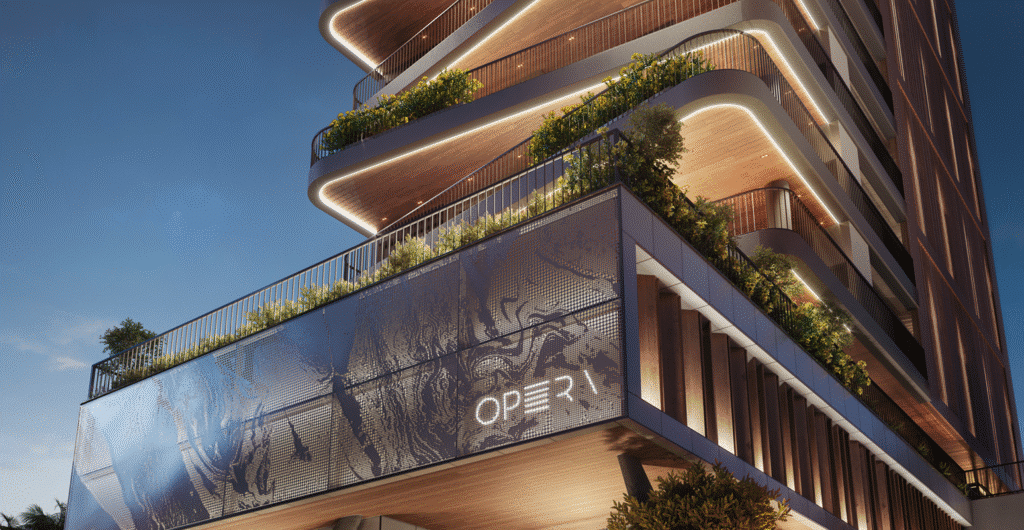 Fachada imponente do empreendimento Opera, com arquitetura contemporânea e traços sofisticados que refletem o padrão elevado da Halsten.