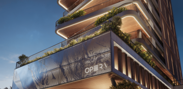 Fachada imponente do empreendimento Opera, com arquitetura contemporânea e traços sofisticados que refletem o padrão elevado da Halsten.